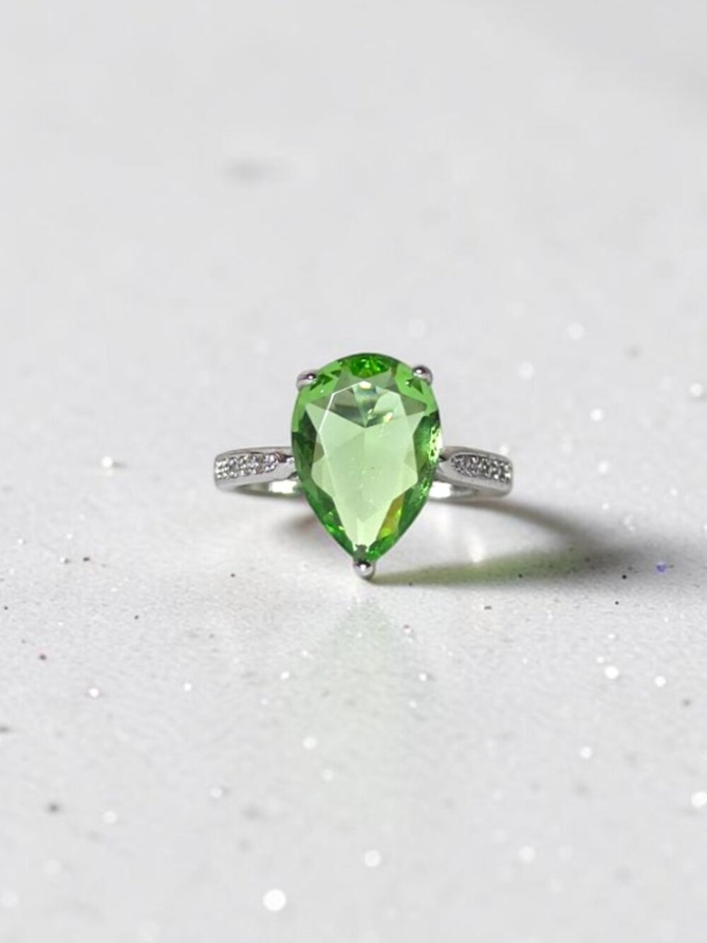 Pear Cut Green Peridot CZ Solitaire Accent Ring Silver Tone Size 7